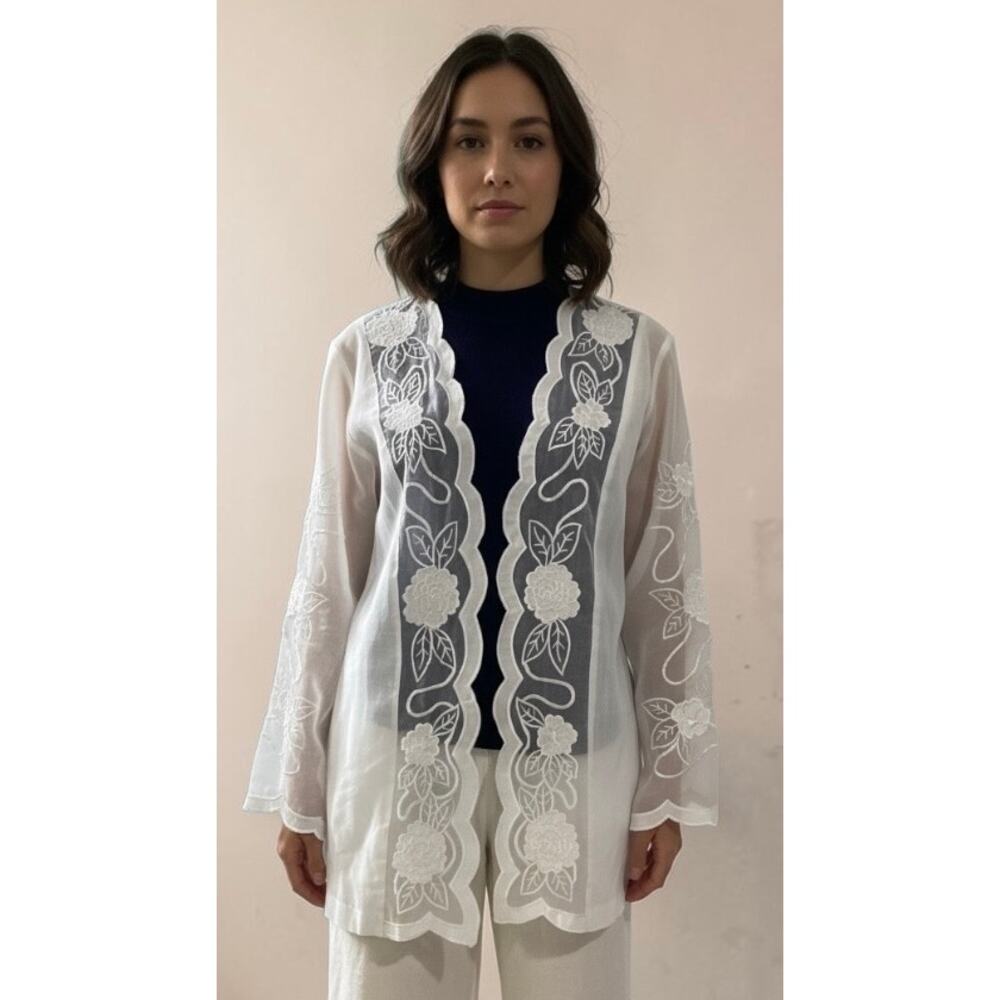 Harmony 100% Linen Embroidered Sheer Sleeve Kimono Cardigan White size 10
